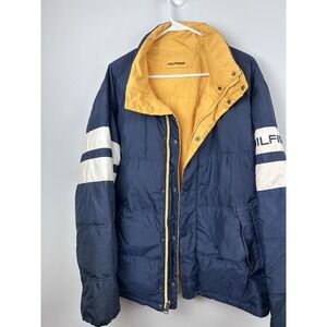 Vintage Tommy Hilfiger Puffer Jacket Large Yellow Casual Outdoor Down Reversable